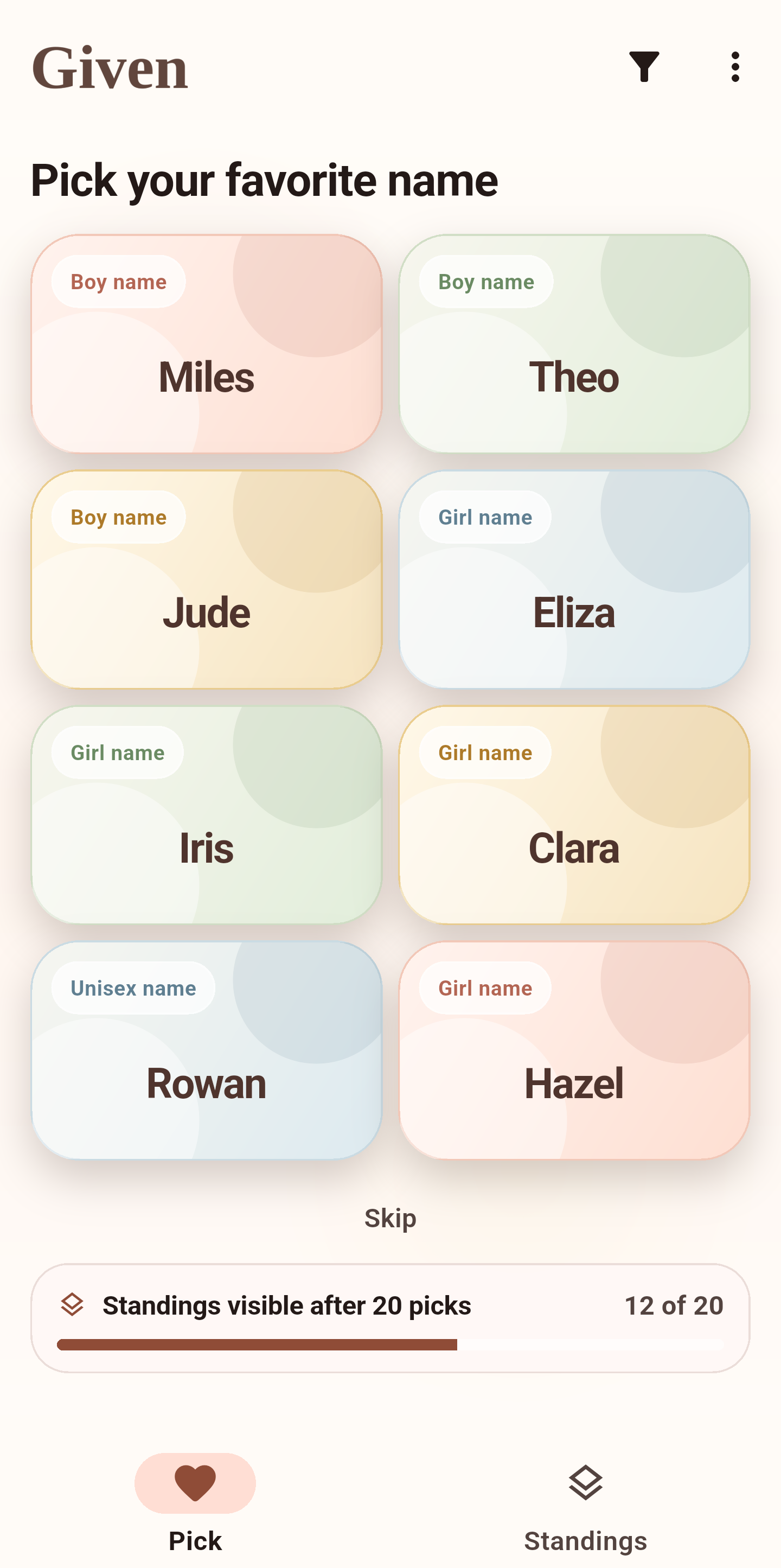A Given screenshot showing a round of names to choose from.