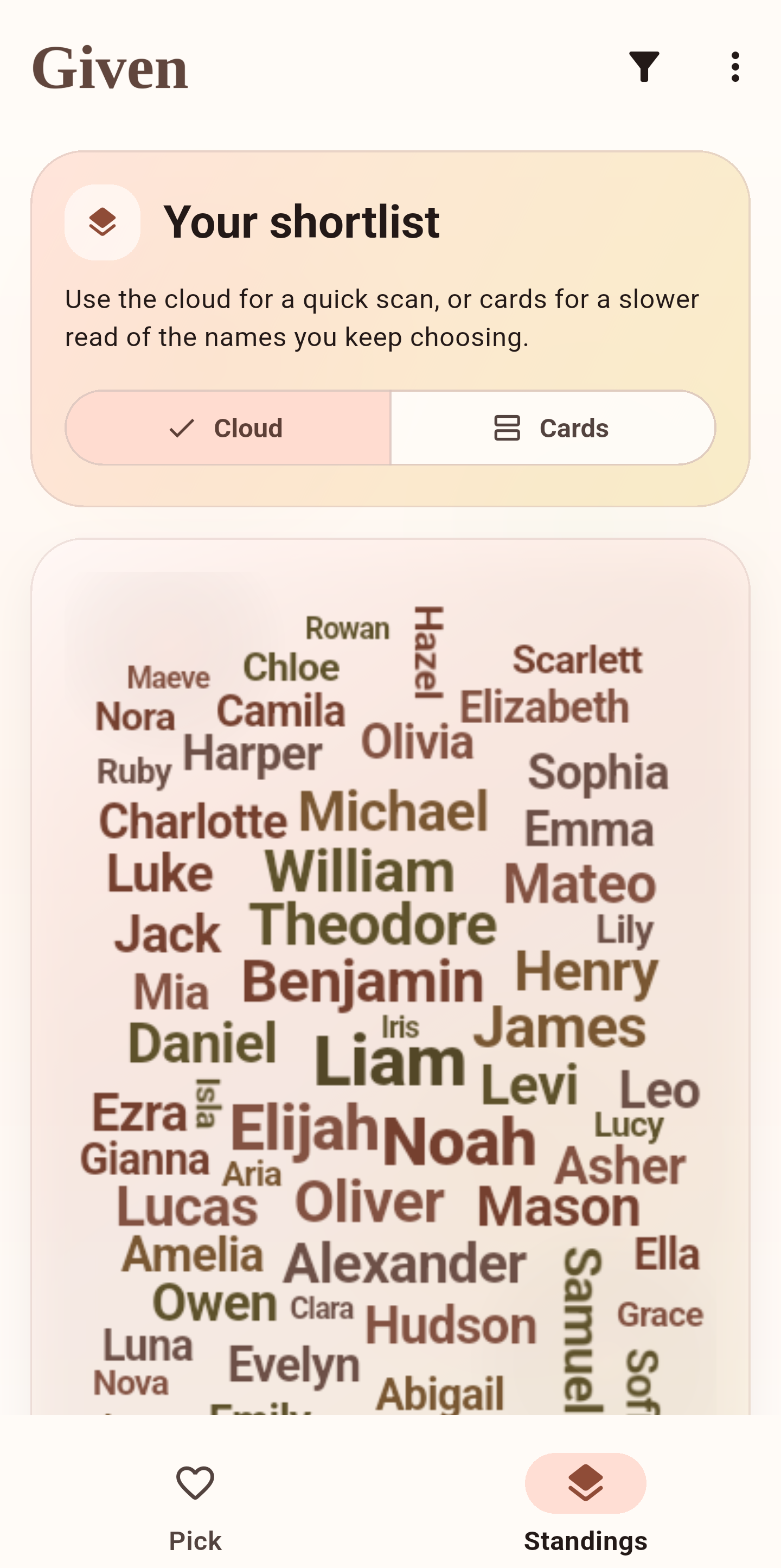 A Given screenshot showing a shortlist name cloud.